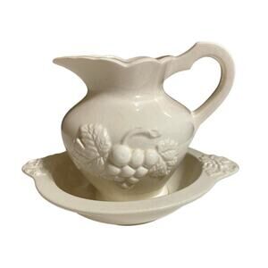 Vintage Small Lefton Grape Pattern Cream Ceramic Pitcher and Bowl Set